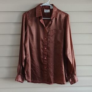 Vintage 80's 90's M brown purple geometric silky long sleeve button blouse top